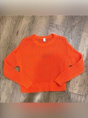Old Navy Orange Open-Knit Crewneck Sweater Mesh Boxy Drop Shoulder